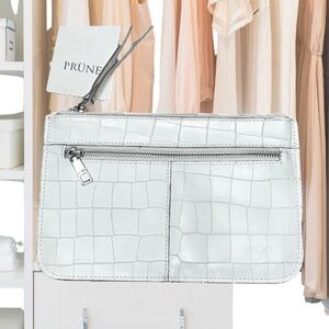 Prüne Envelope Prague White Leather Wristlet, 100% Cowhide Crocodile Design